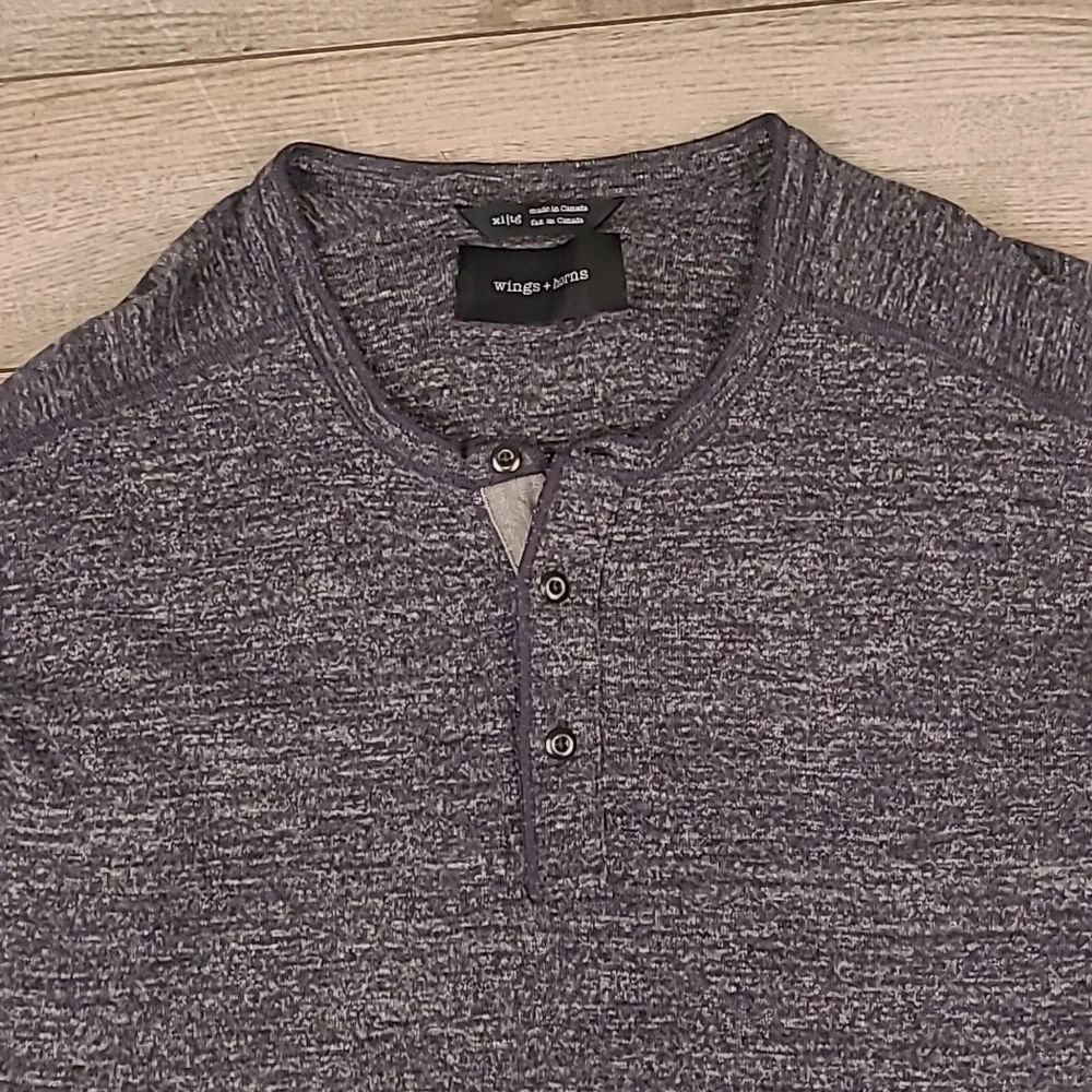 WINGS + HORNS Canada Dark Grey Henley Cotton Sz XL Half Button Long Sleeve Shirt